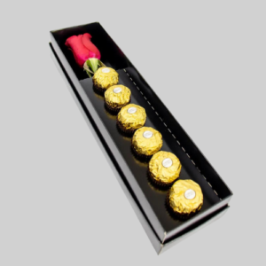 Box Luxo com Rosa Solitária e Bombons Ferrero Rocher