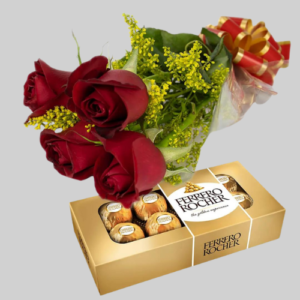 Buquê de 4 Rosas Vermelhas com Bombons Ferrero Rocher